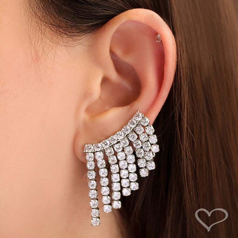 Brinco Ear Cuff Brigite Zircônias Franjas Folheado em Ródio Branco - Piuka