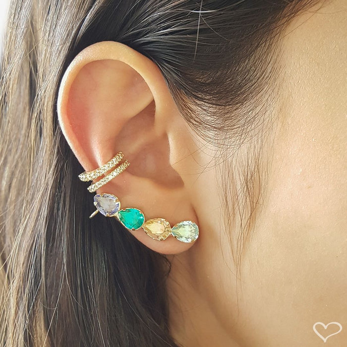 Brinco Ear Cuff Callie Gotas Zircônias Coloridas Folheado em Ródio Branco