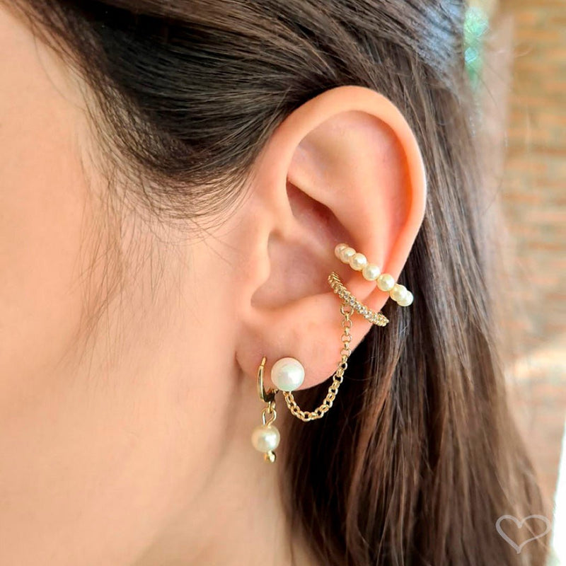 Brinco Ear Line Aline Pérola e Zircônia Cristal Folheado a Ouro 18k - Piuka