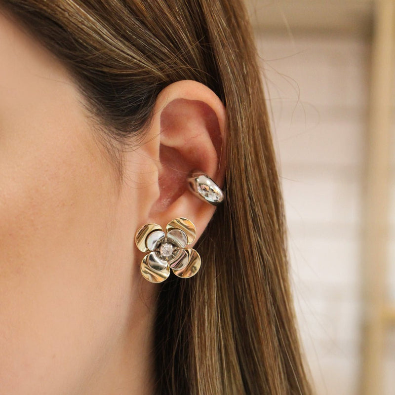 Brinco Flor Eloá Ponto de Luz Zircônia Folheado a Ouro 18k Folheado em Ródio Branco - Piuka