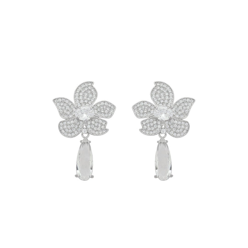 Brinco Flor Penélope Zircônias Folheado em Ródio Branco - Piuka