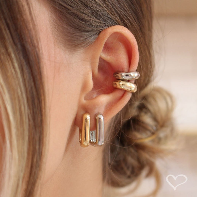 Brinco Helena Lisa M Retangular Folheado em Ródio Branco - Piuka
