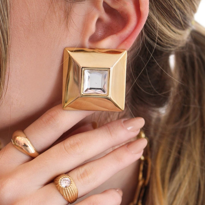 Brinco Iris Quadrado Chaton Dourado - Piuka