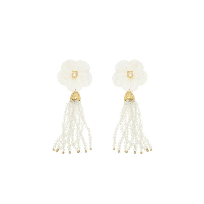 Brinco Jaque Flor Madrepérola Zircônia Cristais Opaline Folheado a Ouro 18k
