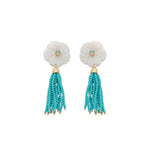 Brinco Jaque Flor Madrepérola Zircônia Cristais Turquesa Folheado a Ouro 18k - Piuka