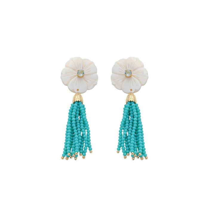 Brinco Jaque Flor Madrepérola Zircônia Cristais Turquesa Folheado a Ouro 18k