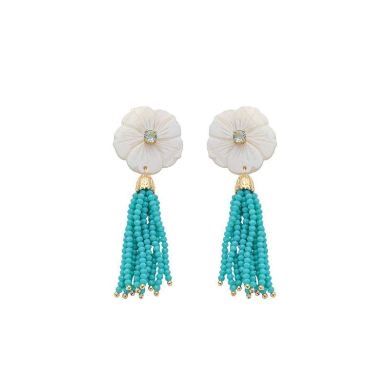 Brinco Jaque Flor Madrepérola Zircônia Cristais Turquesa Folheado a Ouro 18k - Piuka