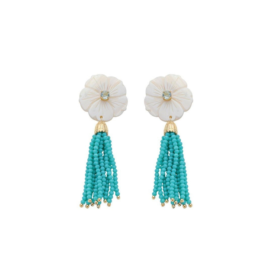 Brinco Jaque Flor Madrepérola Zircônia Cristais Turquesa Folheado a Ouro 18k - Piuka