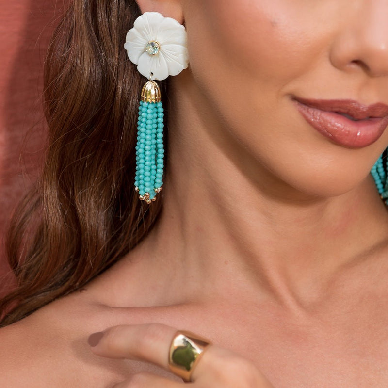Brinco Jaque Flor Madrepérola Zircônia Cristais Turquesa Folheado a Ouro 18k - Piuka