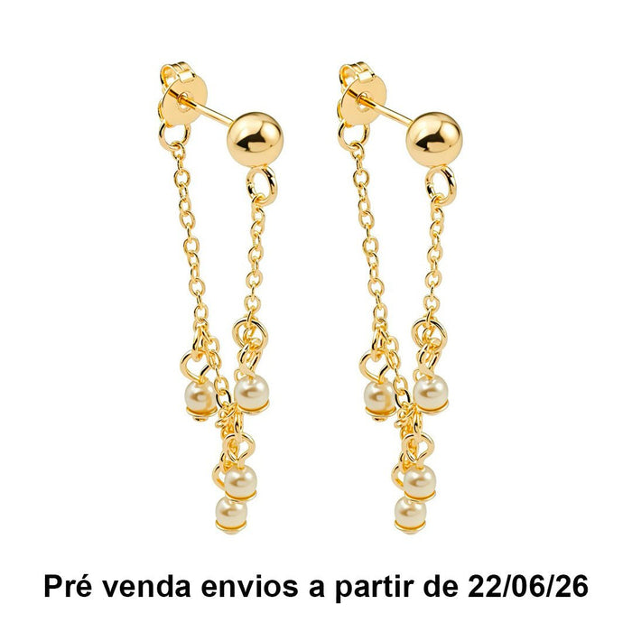 Brinco Luna Fio Pérolas Folheado a Ouro 18k