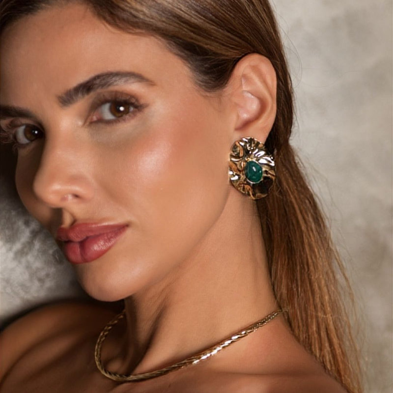Brinco Oval Laura Verde Folheado a Ouro 18k - Piuka