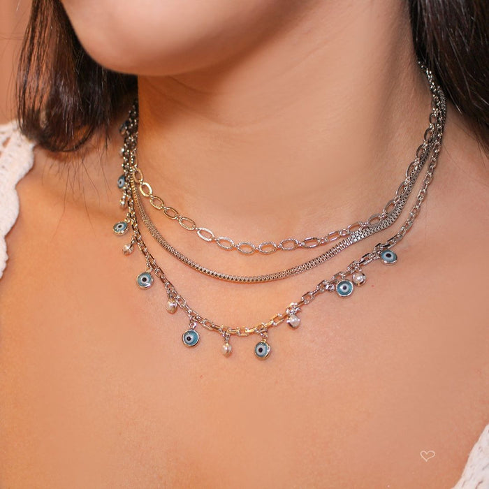 Choker Kássia Olho Grego Pérolas Folheada em Ródio Branco