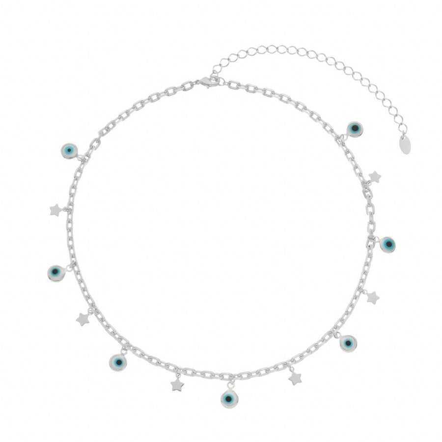 Choker Lara Olho Grego e Mini Estrelas Folheada em Ródio Branco - Piuka