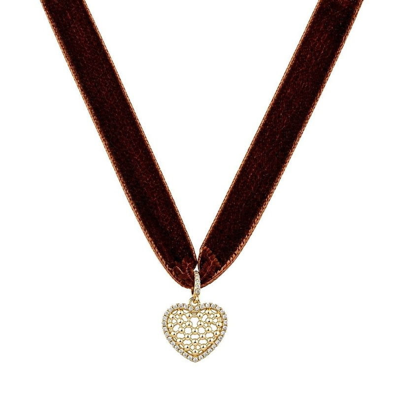 Choker Lully Veludo Marrom Coração Zircônias Folheada a Ouro 18k - Piuka