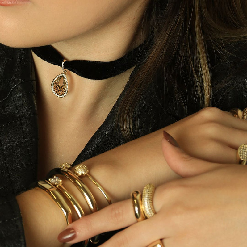 Choker Mari Veludo Preto Gota Zircônias Folheada a Ouro 18k - Piuka