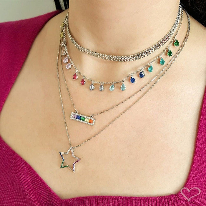 Choker Piuka Vivian Gotas Zircônias Coloridas Folheada em Ródio Branco