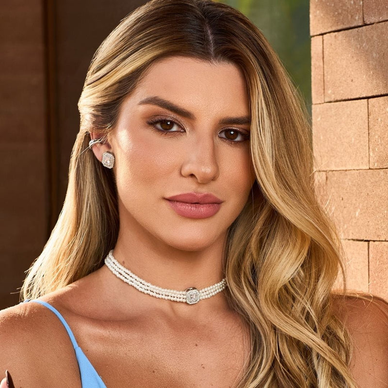 Choker Tripla Isabella Pérolas Zircônias Folheada em Ródio Branco - Piuka