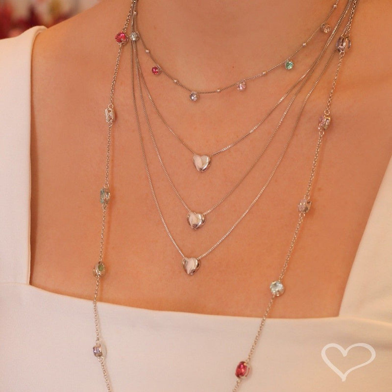 Colar 3 Voltas Dory Coração Folheado em Ródio Branco - Piuka