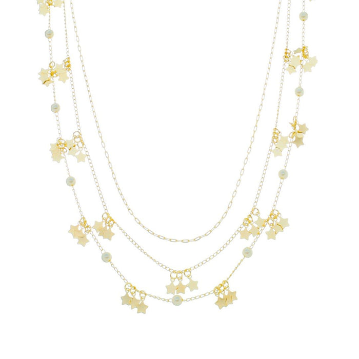Colar 3 Voltas Lika Mini Estrelas e Pérolas Folheado a Ouro 18k