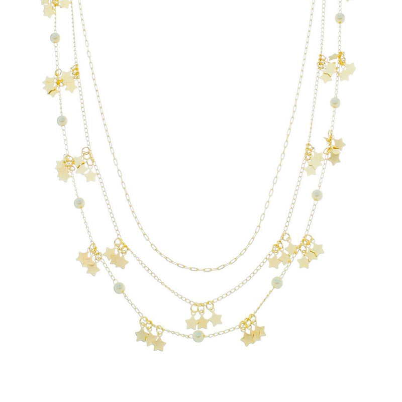 Colar 3 Voltas Lika Mini Estrelas e Pérolas Folheado a Ouro 18k - Piuka
