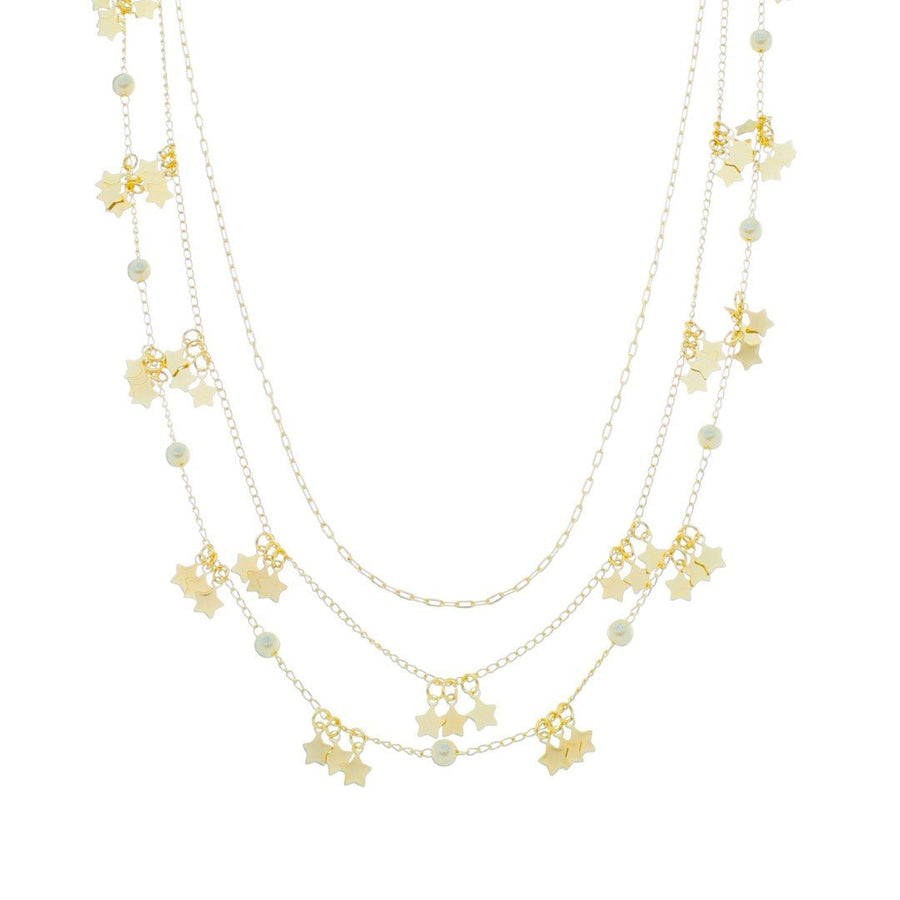 Colar 3 Voltas Lika Mini Estrelas e Pérolas Folheado a Ouro 18k - Piuka