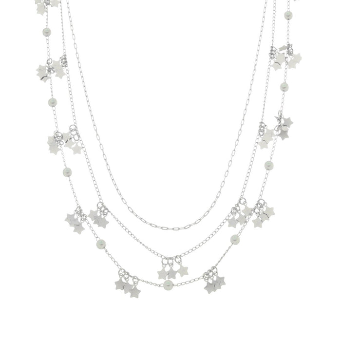 Colar 3 Voltas Lika Mini Estrelas e Pérolas Folheado em Ródio Branco