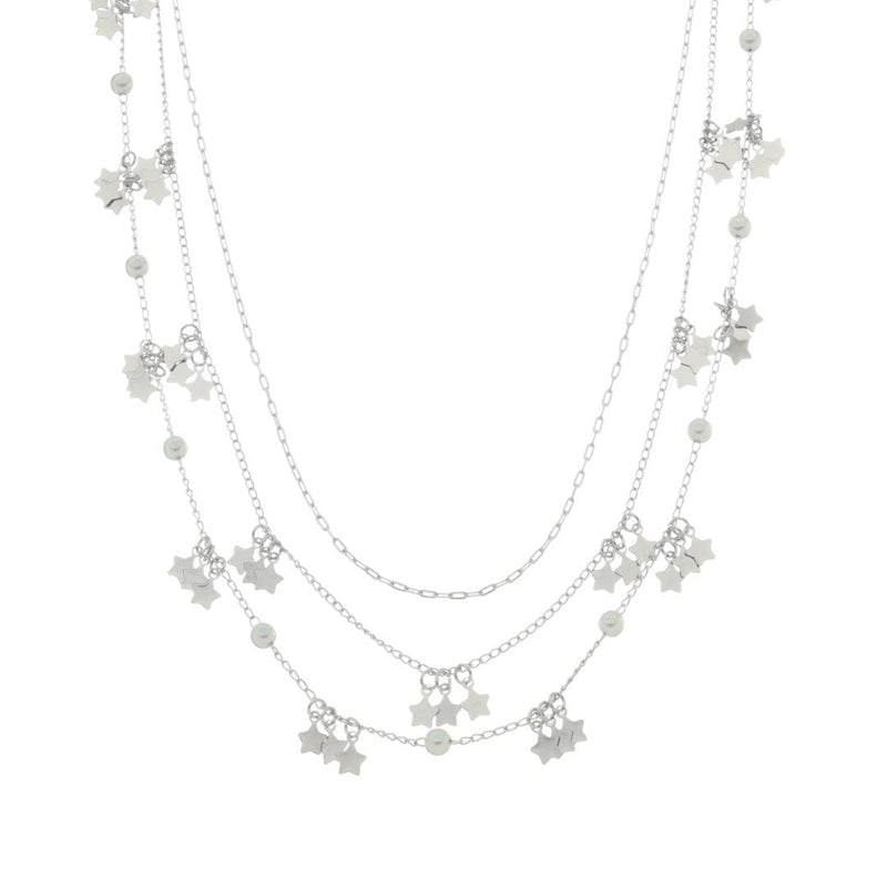 Colar 3 Voltas Lika Mini Estrelas e Pérolas Folheado em Ródio Branco - Piuka
