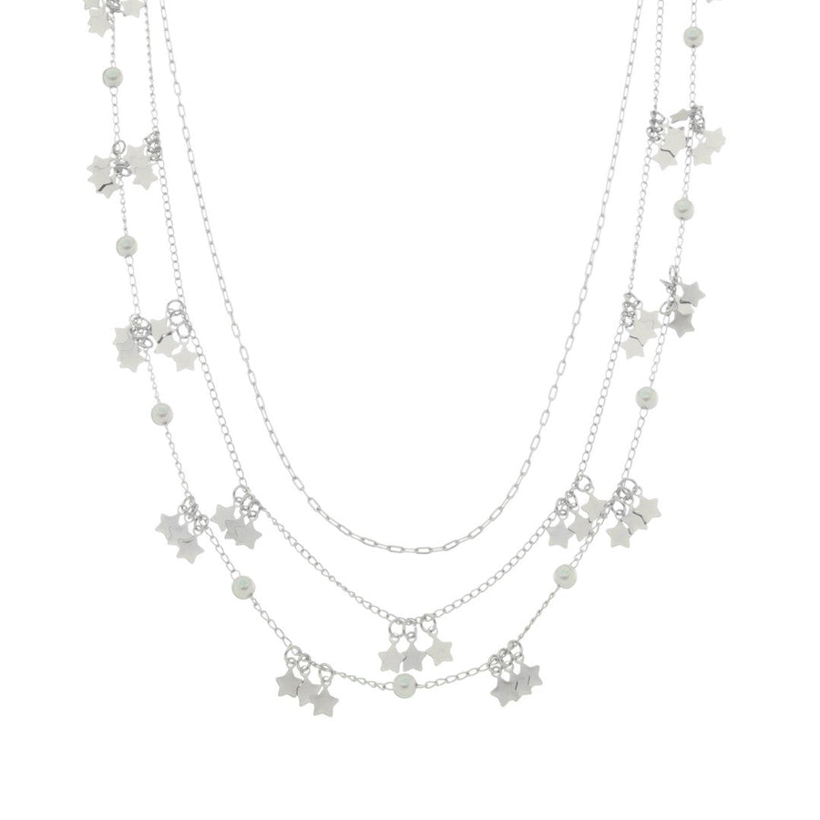 Colar 3 Voltas Lika Mini Estrelas e Pérolas Folheado em Ródio Branco - Piuka