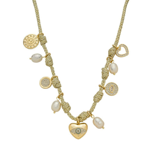 Colar Cordão Nós Clara Coração Pérolas Olho Grego Zircônias Folheado a Ouro 18k - Piuka