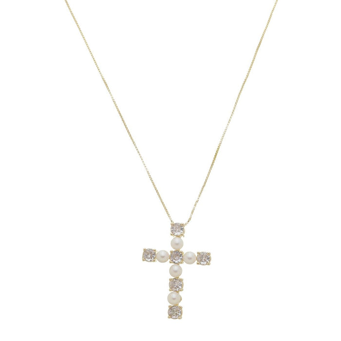 Colar Cruz Pérolas Zircônias Folheado a Ouro 18k