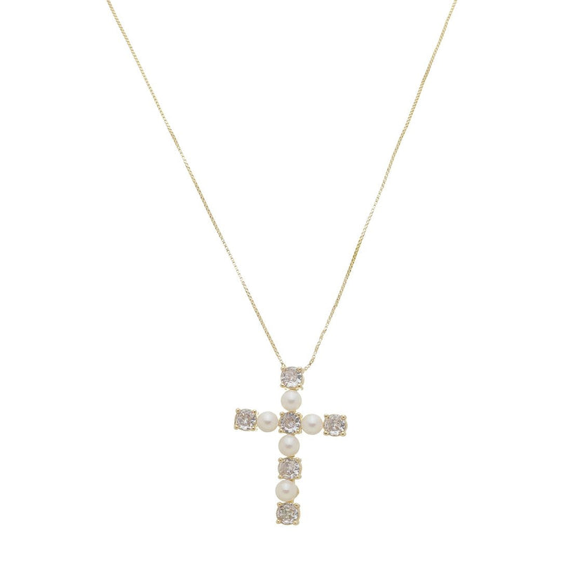 Colar Cruz Pérolas Zircônias Folheado a Ouro 18k - Piuka