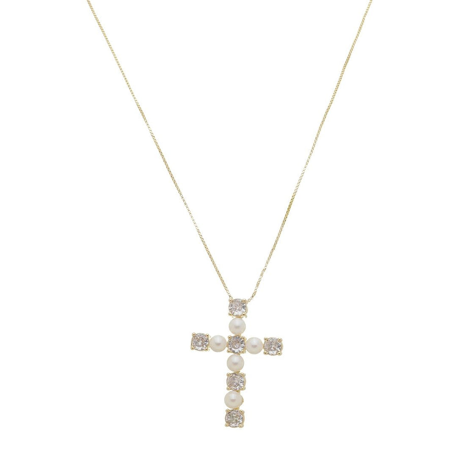 Colar Cruz Pérolas Zircônias Folheado a Ouro 18k - Piuka