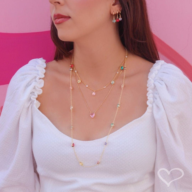 Colar de Coração Zircônia Rosa Junny Folheado a Ouro 18k - Piuka