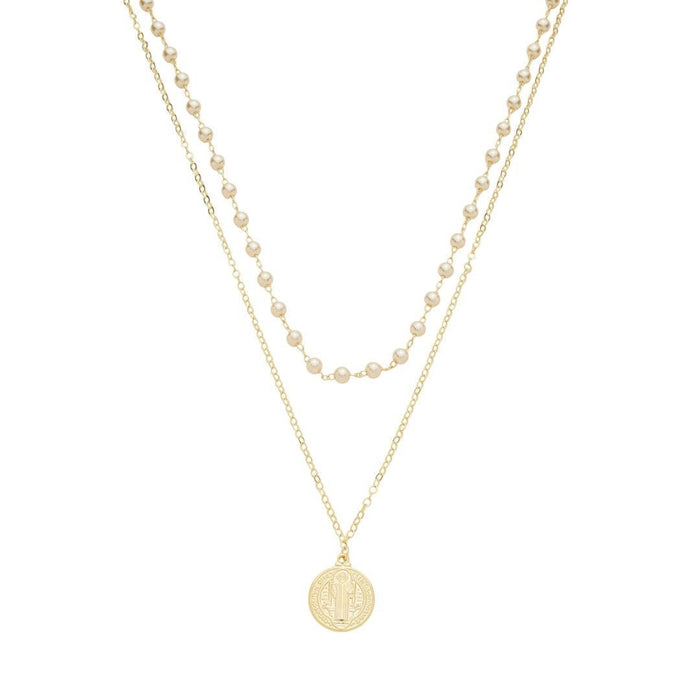 Colar de Pérolas Medalha São Bento Folheado a Ouro 18k