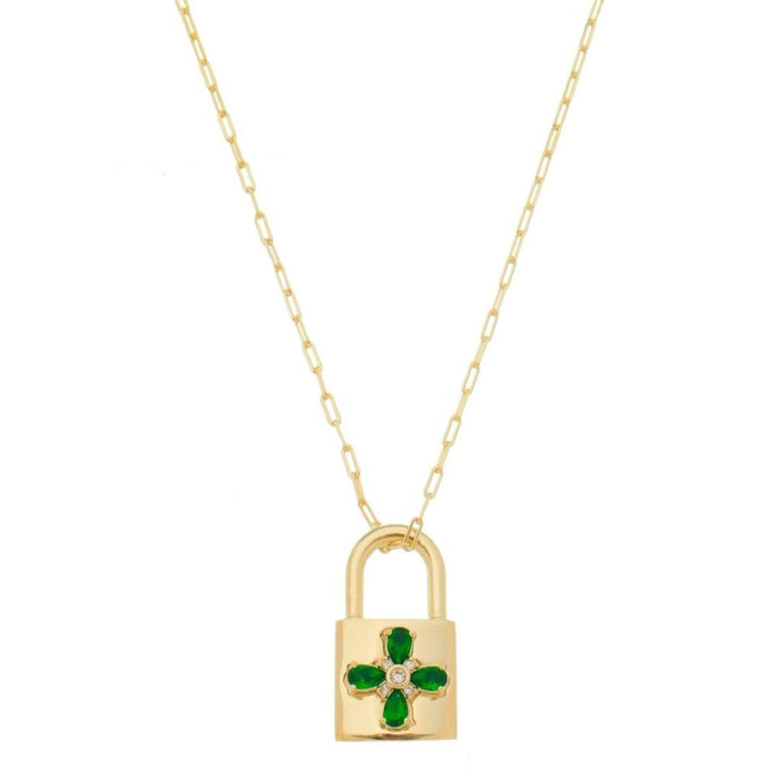 Colar Feminino Ariane Cadeado Flor Zircônia Esmeralda Folheado a Ouro 18k