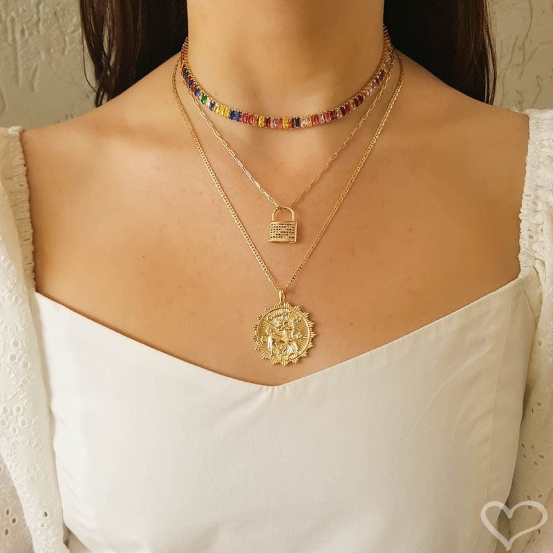 Colar Feminino Layla Cadeado Zircônias Coloridas Folheado a Ouro 18k - Piuka