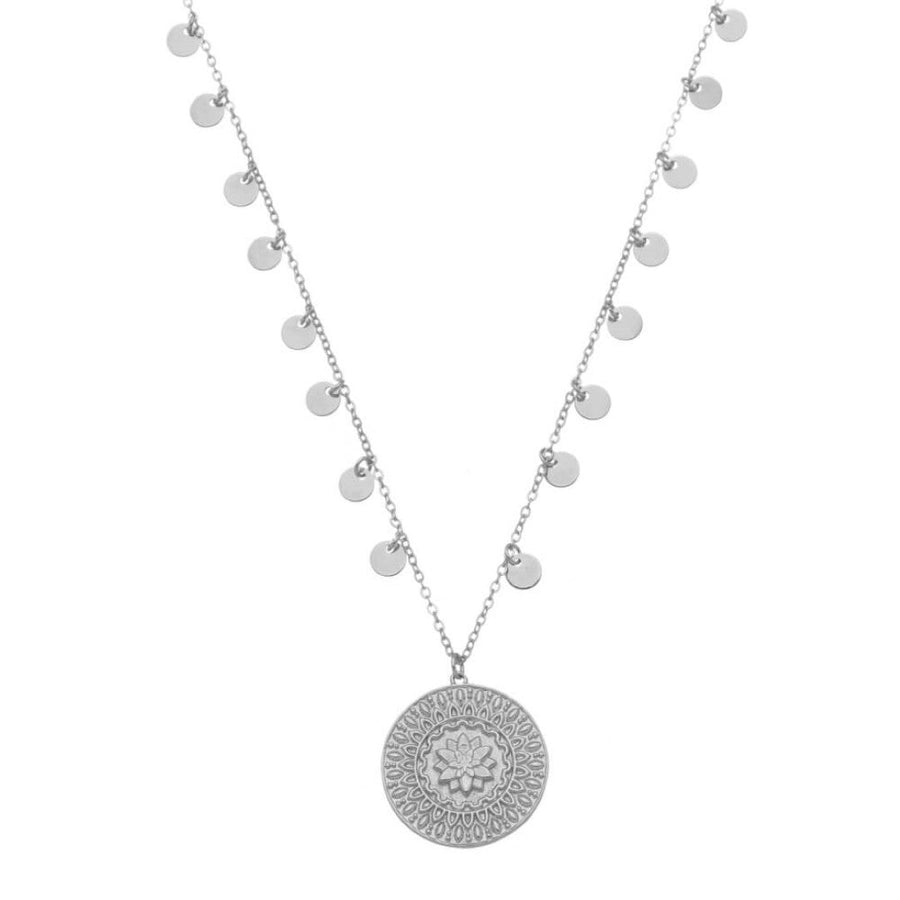 Colar Feminino Medalha Flor de Lótus Cresça Evolua Floresça Folheado em Ródio Branco - Piuka
