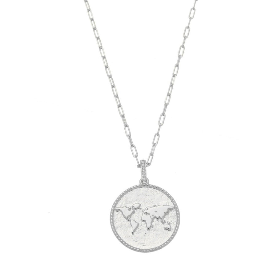 Colar Feminino Medalha Mapa Mundi Sonhe Alto Folheado em Ródio Branco - Piuka