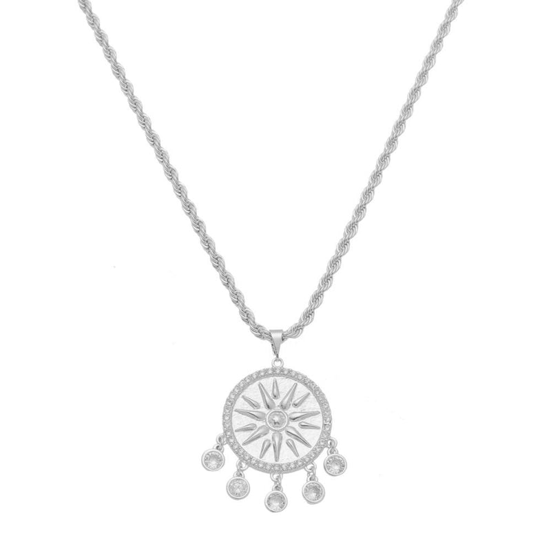 Colar Feminino Medalha Sol Seja Luz Zircônias Folheado em Ródio Branco - Piuka
