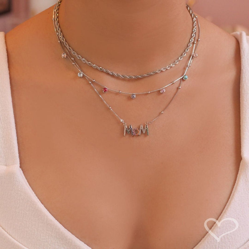Colar Feminino Mom Zircônias Coloridas Folheado em Ródio Branco - Piuka