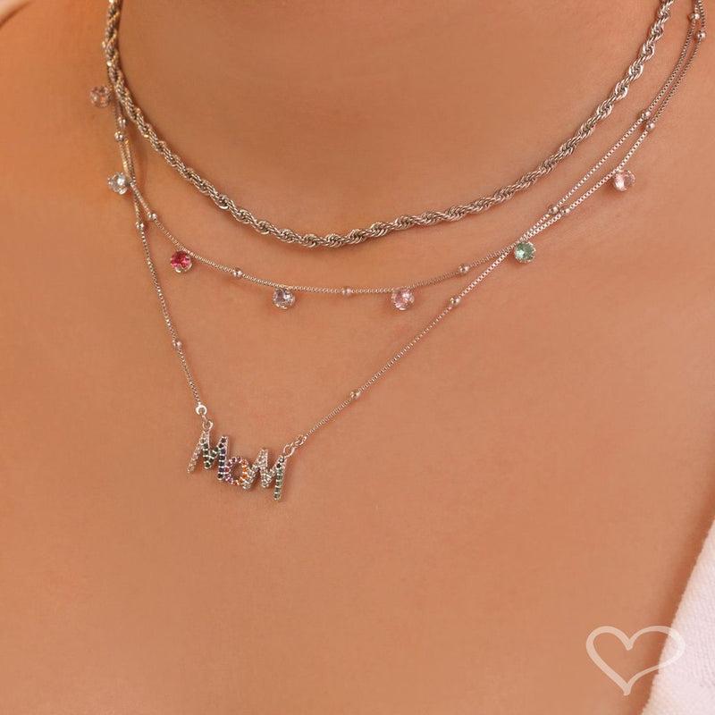 Colar Feminino Mom Zircônias Coloridas Folheado em Ródio Branco - Piuka