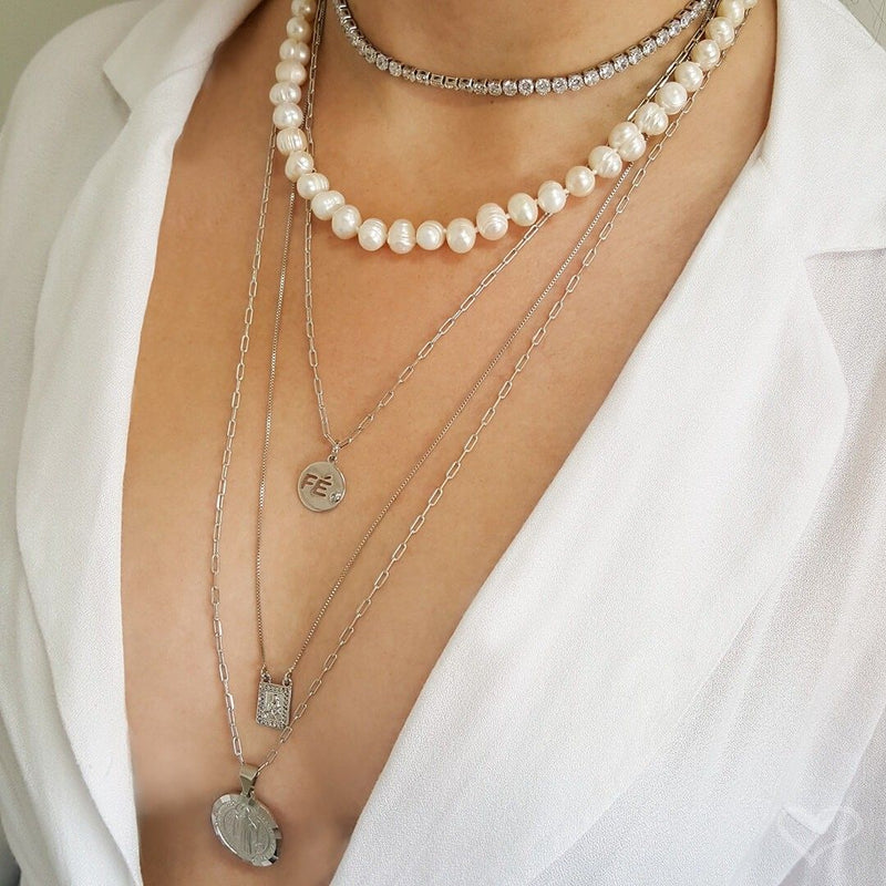 Colar Longo Elos Medalha São Bento Folheado em Ródio Branco - Piuka
