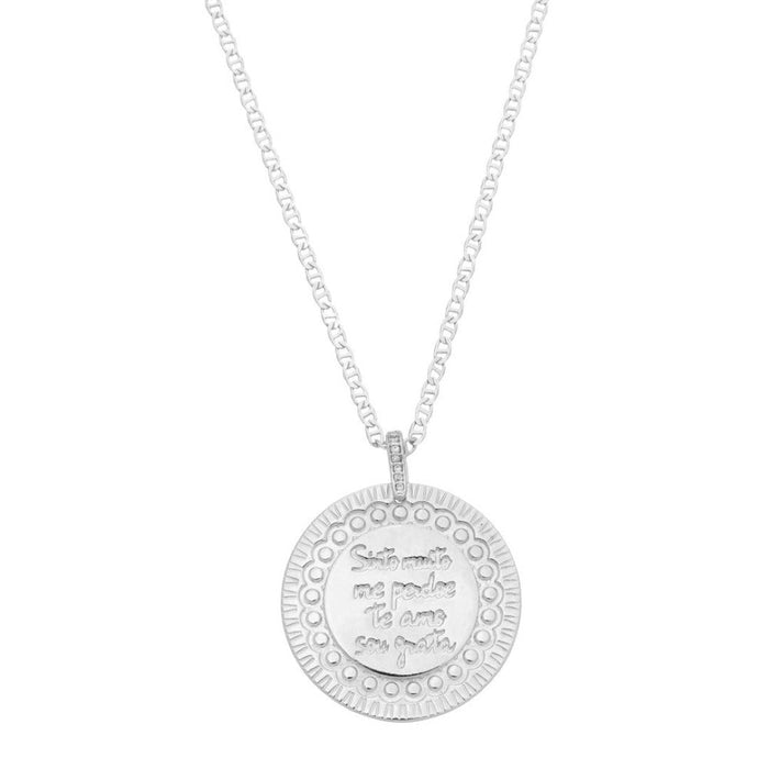 Colar Longo Medalha Hooponopono Vintage Folheado em Ródio Branco