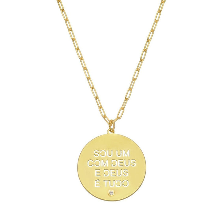 Colar Longo Medalha Sou um com Deus Elos Folheado a Ouro 18k