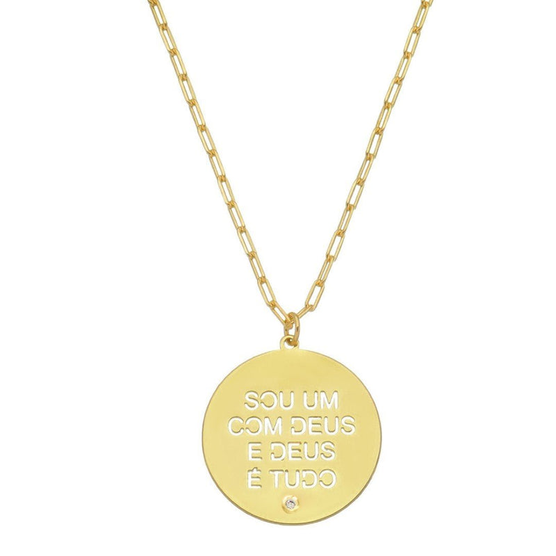Colar Longo Medalha Sou um com Deus Elos Folheado a Ouro 18k - Piuka