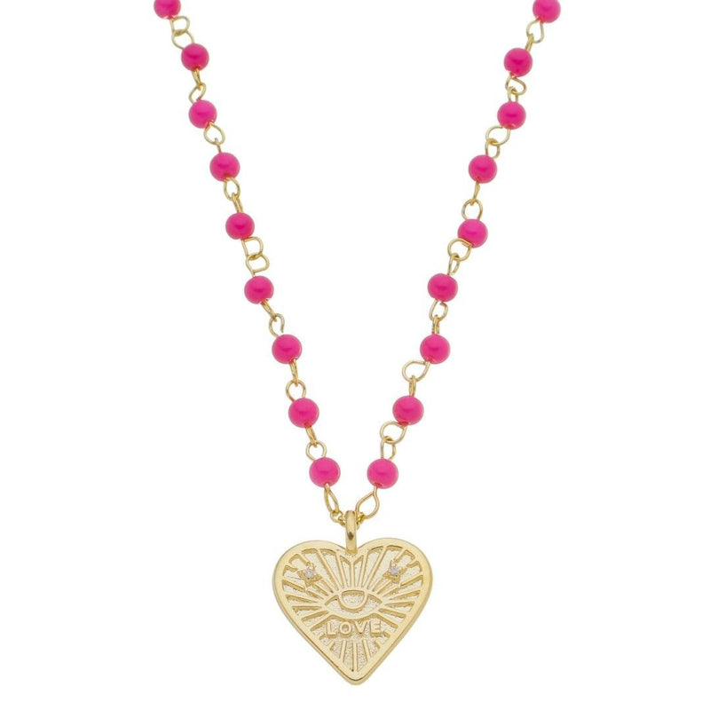 Colar Love Coração Olho Grego Zircônias Murano Pink Folheado a Ouro 18k - Piuka