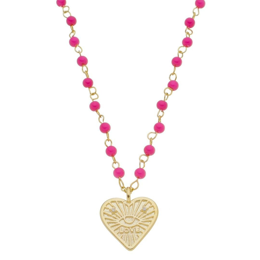 Colar Love Coração Olho Grego Zircônias Murano Pink Folheado a Ouro 18k - Piuka