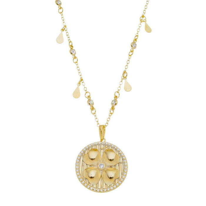 Colar Luck Medalha Trevo de Quatro Folhas Zircônias Folheado a Ouro 18k