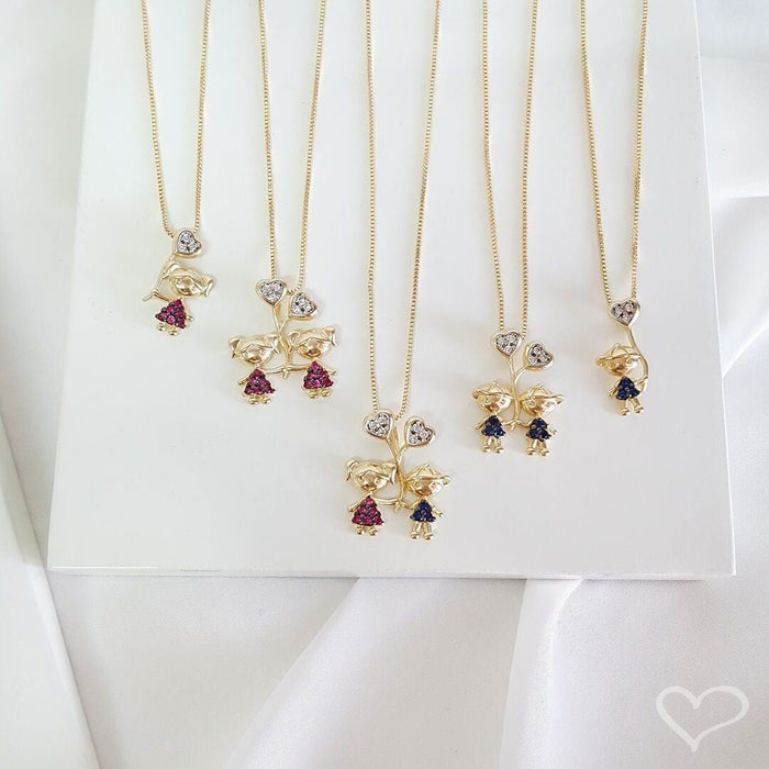 Colar Mãe de Menina Coração Zircônias Pink Folheado a Ouro 18k