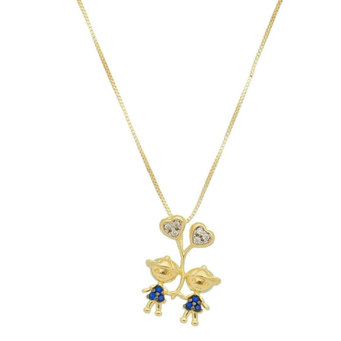 Colar Mãe de Meninos Coração Zircônias Safira Folheado a Ouro 18k